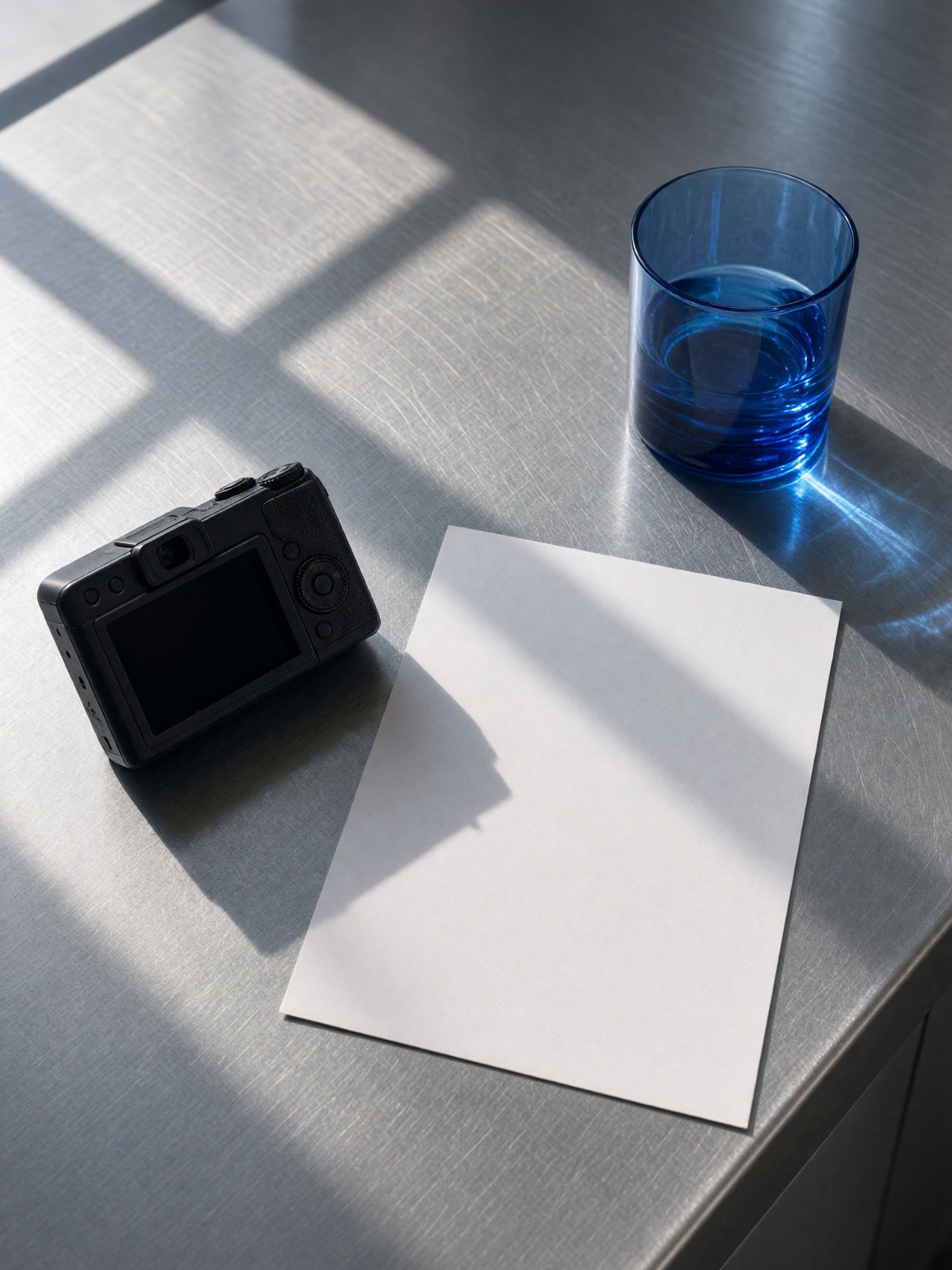 An unbranded camera and blank paper on a creative desk, crossed by window shadows.